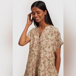 Reistor V-Neck Tiered Dress Peony Parade Pink Green Tan Flowy Short Sleeve XL